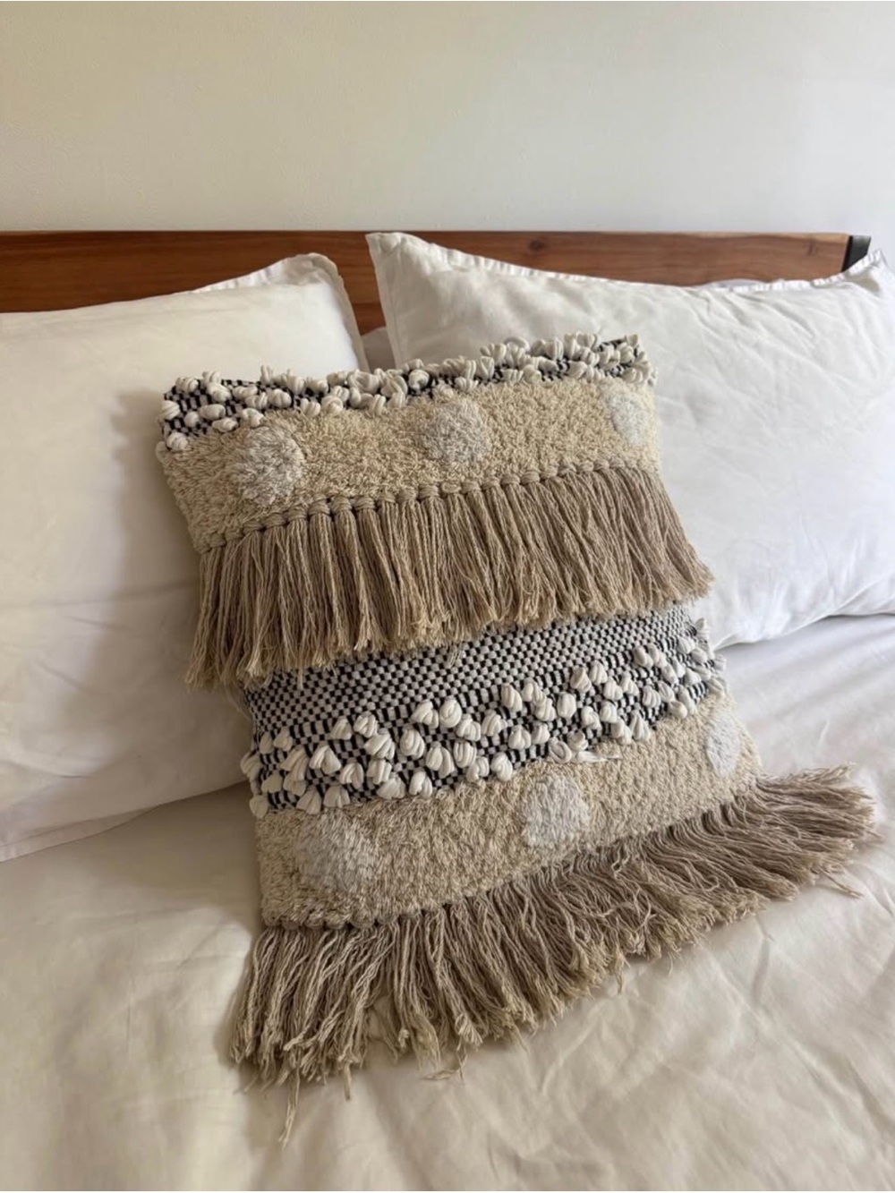 Boho Fringe Decorative Throw Pillow - Cream & Black